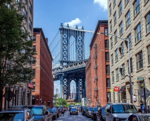 View of Manhattan Bridge from DUMBO, Brooklyn, seen during a Brooklyn Bridge Bike Tour